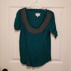 Anthropologie Turquoise Beaded Short Sleeve Tee
